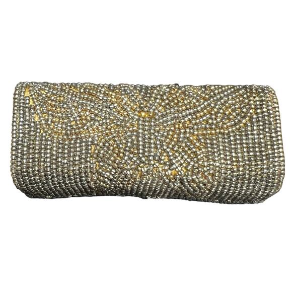 Vintage Black Silver Beaded Lipstick Case Butterfly Pattern Orange Satin Lined - Picture 6 of 6